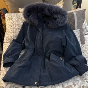 Navy Blue Fur-Trimmed Coat